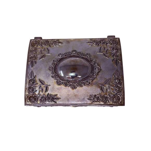 Vintage Godinger Silver Plate Jewelry Box with Roses and Red Velvet Interior - Picture 5 of 11